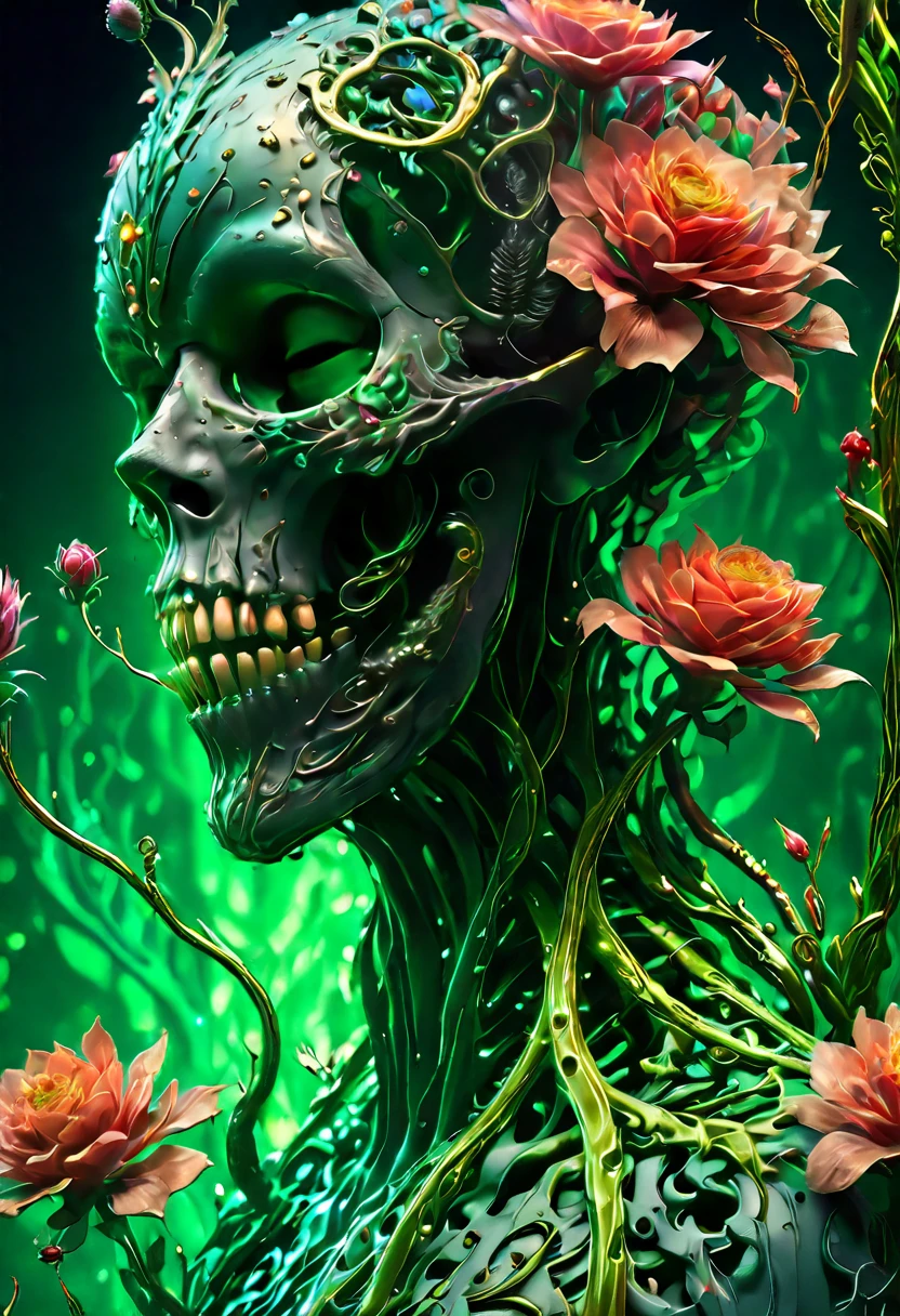 flowers, Long stems, Wide buds, mystical – необычные flowers, scattered throughout the composition. big, juicy, Black buds, red stems, ((Magic glow)), ((3D painting, digital painting, High craftsmanship)), the best works of digital painting, High detail elements, background - wide stroke. Fancy patterns - ornaments decorate, Green stems,. Magic and cyberpunk blended together. warm range of colors, Contrasting light with cool side lighting, expressing volume and shape, качественная 3D визуализация, render, masterpiece. top quality, skull bones background. side light, mystical frame. Best quality, Unreal engine, | ultra HD | Full HD, High detail. Simulation graphics, art style. (Bright evening lighting, warm light, sharp focus, 8K). highly detailed textures, textile, metal, and bone. film grain, shine on the stems, Humid air, the contrast of cold shadows and warm golden light, Whirlwinds of Dead Souls.