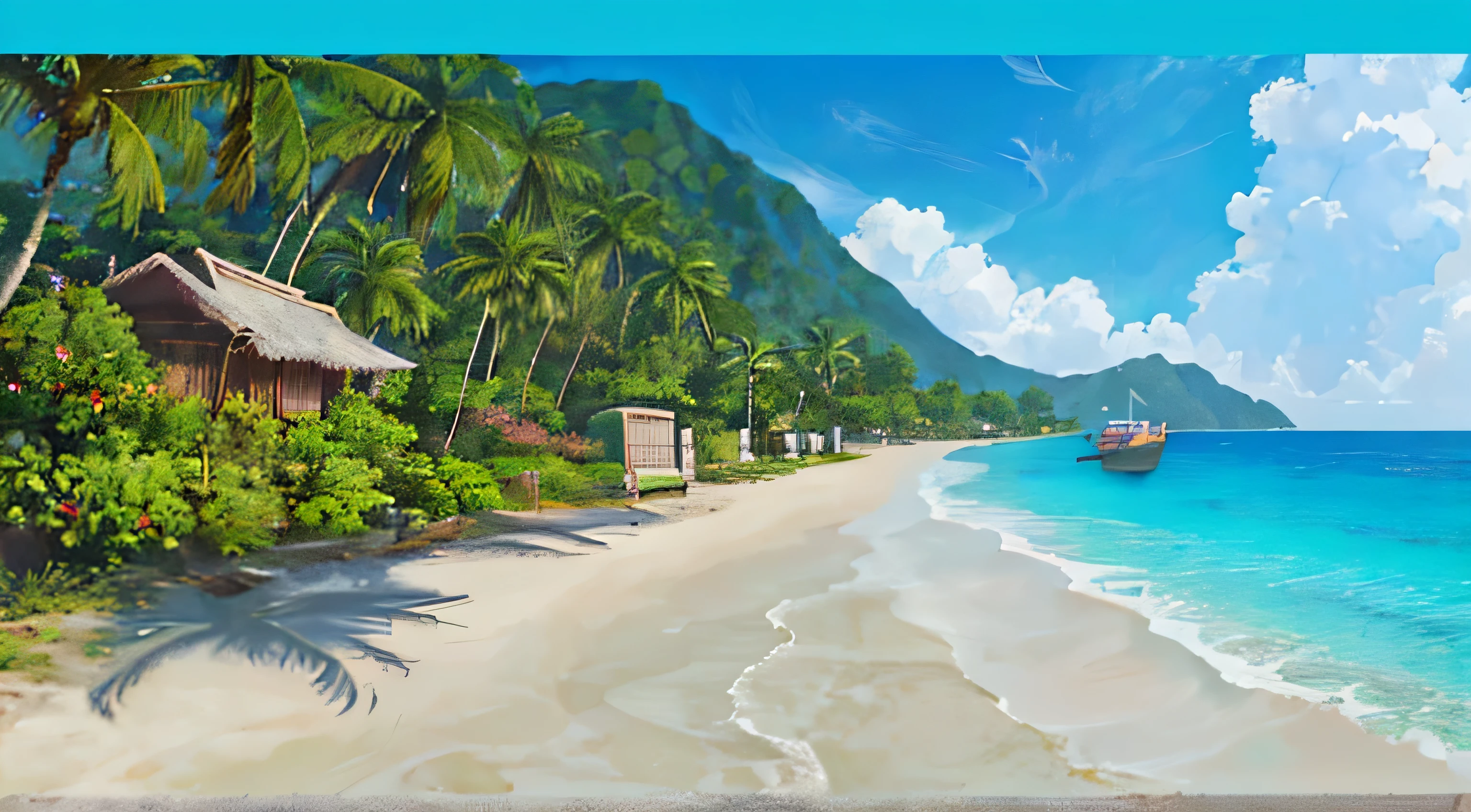 (((highest quality))), High saturation, clear, reasonable structure, Manga style, architecture, Ocean Shore, double, Hut, Palm tree, sand, Ocean, Seagull, null, sunny day, Fantasy, no_human, Outdoor, landscape, Genuine, beautiful and amazing landscape oil painting Ghibli Studio Miyazaki’s Tropical Island with blue sea and null, Tropical Island, Coconut --v6