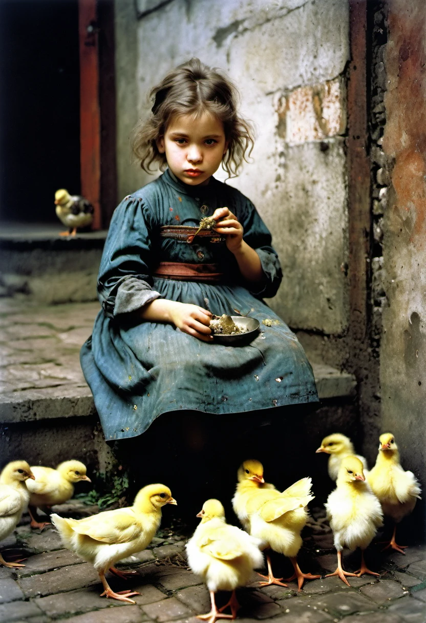 Art by eRA lEISNER, Jan Saudek and Jenny Saville ,Max Ernstrunepunk , girl feeding chicks in a courtyard.