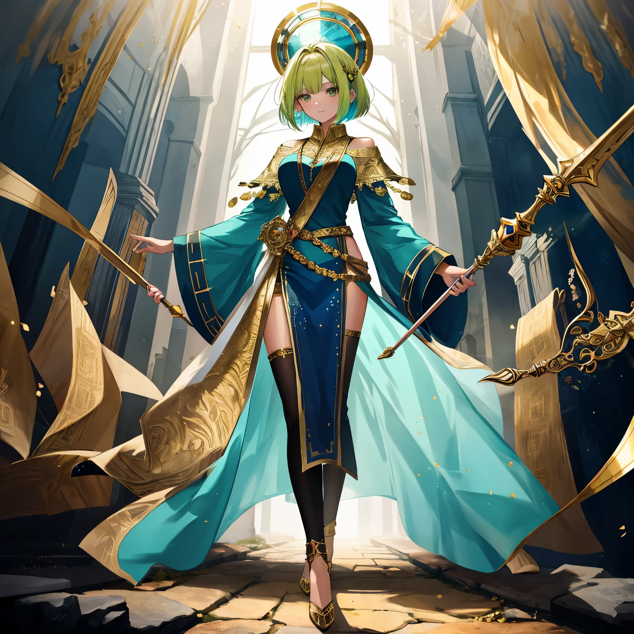 Theme, Gold Wizard, blckGyaru,
Number of Characters, One,
World View, A world of a wizard who manipulates ancient magic, an atmosphere that feels magical,
Body Shape and Skin Color, Slender body shape with tan skin (blackGyaru style)*,
Costume and Color, Shining gold robe, decorated in a wizardly fashion,
Hairstyle and Color, Bob cut, hair color is golden with blue and green highlights,
Details of Possessions or Weapons, Holding a magic wand that symbolizes ancient magic,
Emotions and Movements, Waving the magic wand with a confident expression,
Composition, Looking up from below to emphasize the dignity of the wizard,
Perspective, Full body, emphasizing the overall image and pose of the wizard,
Background and Background Color, In a mystical forest, the colors are mainly gold and green with blue accents,
Light and Shadow, Light emitted from the magic wand illuminates the surroundings,
Style, High-definition official artwork or exquisite fan art style that trends on ArtStation or Pixiv, Real Anime 2.5D style,
Quality Improvement, Using the golden ratio 1.2 and drafting board 1.3, resolution is 8K, color bit depth is 24 bits, aiming for a beautiful masterpiece of 64K with a large file size, the face is highly detailed and the lighting is perfectly finished
