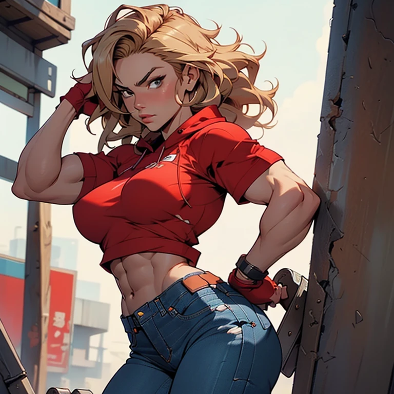 a woman with a gun in her hand, chiseled abs, in clothes! highly detailed, trending on pintrest, red hoods, sangsoo jeong, musclebound and hulking, wavy blond hair, muscular character, ( ( ( wearing jeans ) ) ), muscular characters, very tight small push up bra, high resolution print :1 red, q