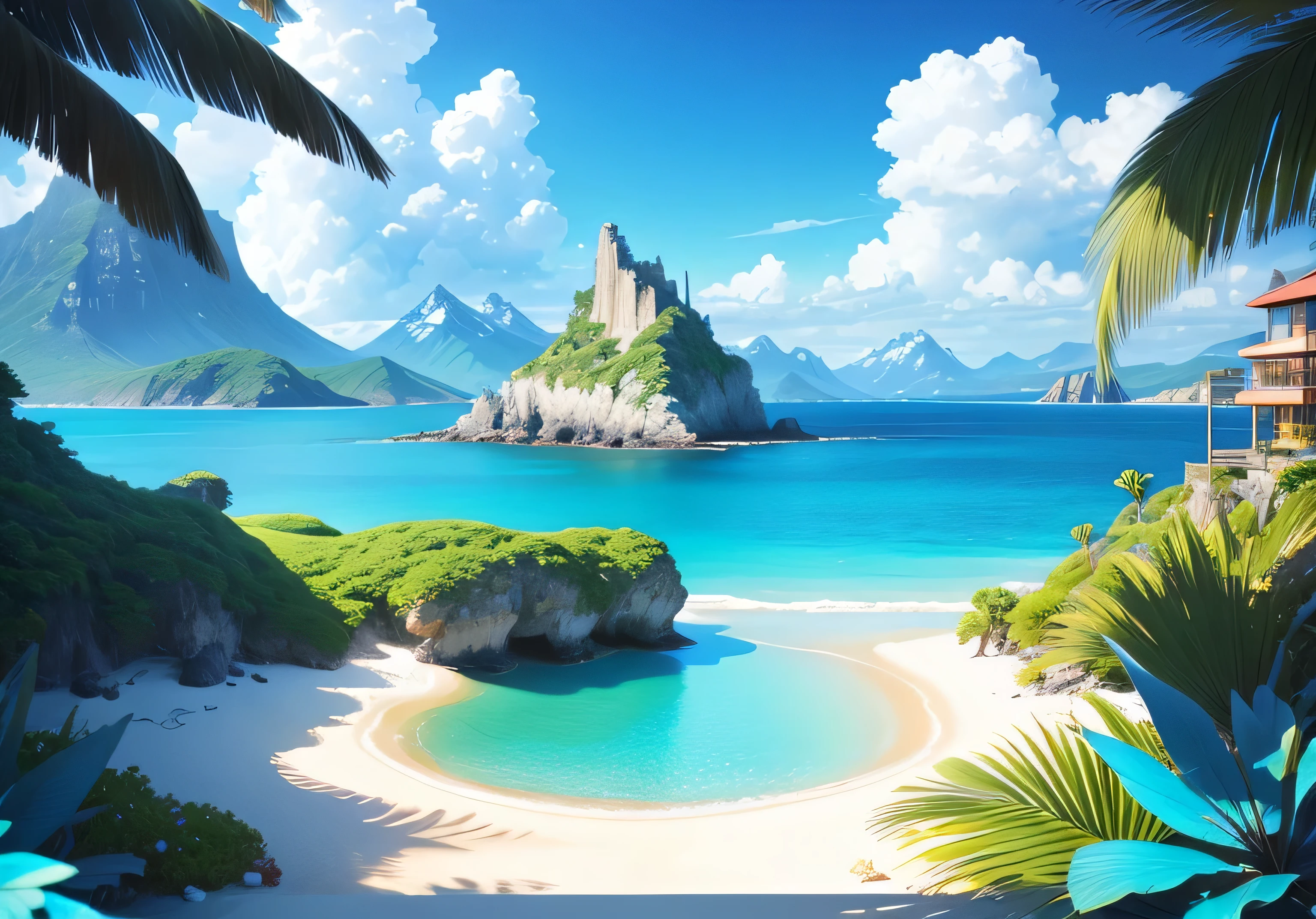 summer, Seaside, island, Shimizu, Blue gradient water, Clear water, island, Coco, Paradise, Big Clouds, blue sky, Hot Weather, HD detailed, Super detailed, Cinematic, Surrealism, Soft Light, Deep focus bokeh, Snowy mountains in the distance, Ray Tracing, and Surrealism. - At six o'clock