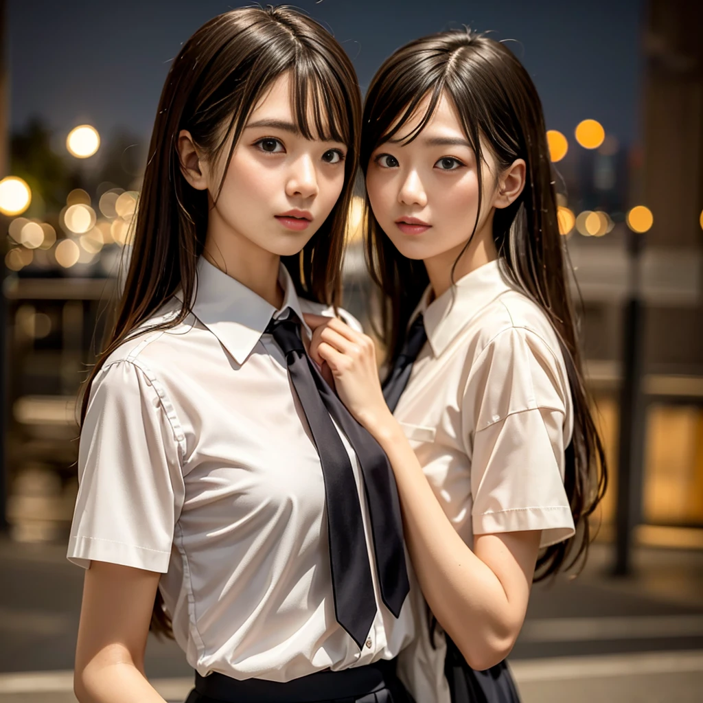 masterpiece, highest quality, 8k, 85mm Portrait, Absurd, beautiful girl, (night, Upper Body:1.5), cute, street, (school uniform, White shirt, Short sleeve, dark brown gray pleated skirt, dark gray tie:1.2), Long Hair, thin, neon, (Lianyungang City, He appreciates it, Yeongkwan:0.4), No makeup, (Dark red tie:1.2), perspective, Depth of written boundary, Ultra-realistic, High resolution, photograph, Sharp focus, High resolution, Face Light, Dynamic Lighting, Most detailed, Very detailed, Super detailed, In detail, Real Skin, Delicate facial features, Japanese women, Straight face, nice, clear, ,
