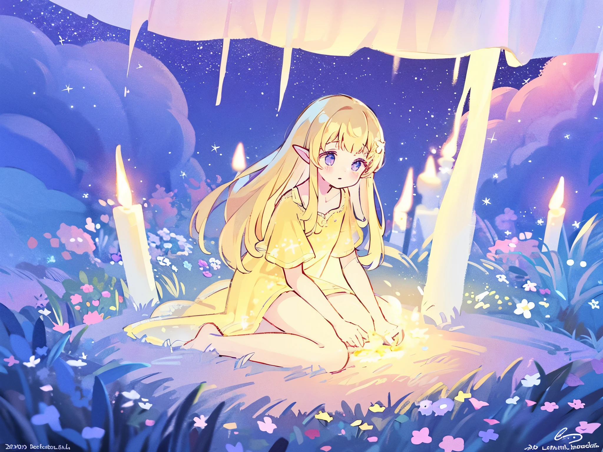 complex background, wishing star background, beautiful cute elf girl wearing an ethereal mystical golden translucent dress that reflects the stars, mystical, magical, fantasy, complex drawing, highly detailed, ethereal, starry night, midjourney style, flowers, plants, magical star garden