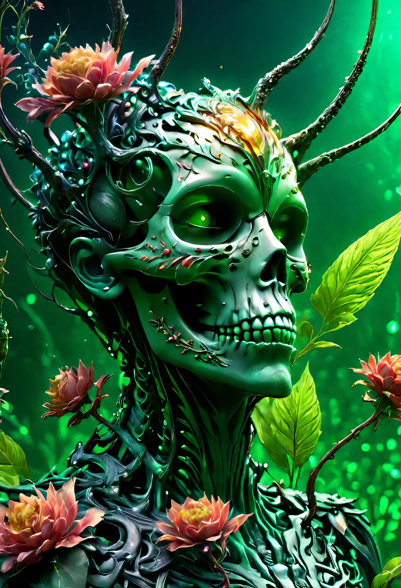 flowers, Long stems, Wide buds, mystical – необычные flowers, scattered throughout the composition. big, juicy, Black buds, red stems, ((Magic glow)), ((3D painting, digital painting, High craftsmanship)), the best works of digital painting, High detail elements, background - wide stroke. Fancy patterns - ornaments decorate, Green stems,. Magic and cyberpunk blended together. warm range of colors, Contrasting light with cool side lighting, expressing volume and shape, качественная 3D визуализация, render, masterpiece. top quality, skull bones background. side light, mystical frame. Best quality, Unreal engine, | ultra HD | Full HD, High detail. Simulation graphics, art style. (Bright evening lighting, warm light, sharp focus, 8K). highly detailed textures, textile, metal, and bone. film grain, shine on the stems, Humid air, the contrast of cold shadows and warm golden light, Whirlwinds of Dead Souls.