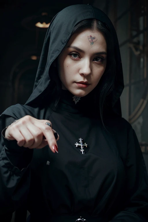 a close up of a person with tattoos on their hands, single scary female vampire nun, anime style artwork, giving the 🤘🤟 finger, style of artgerm, catholic punk, anime still image, sussy baka, immaculate, nun, 666, trap