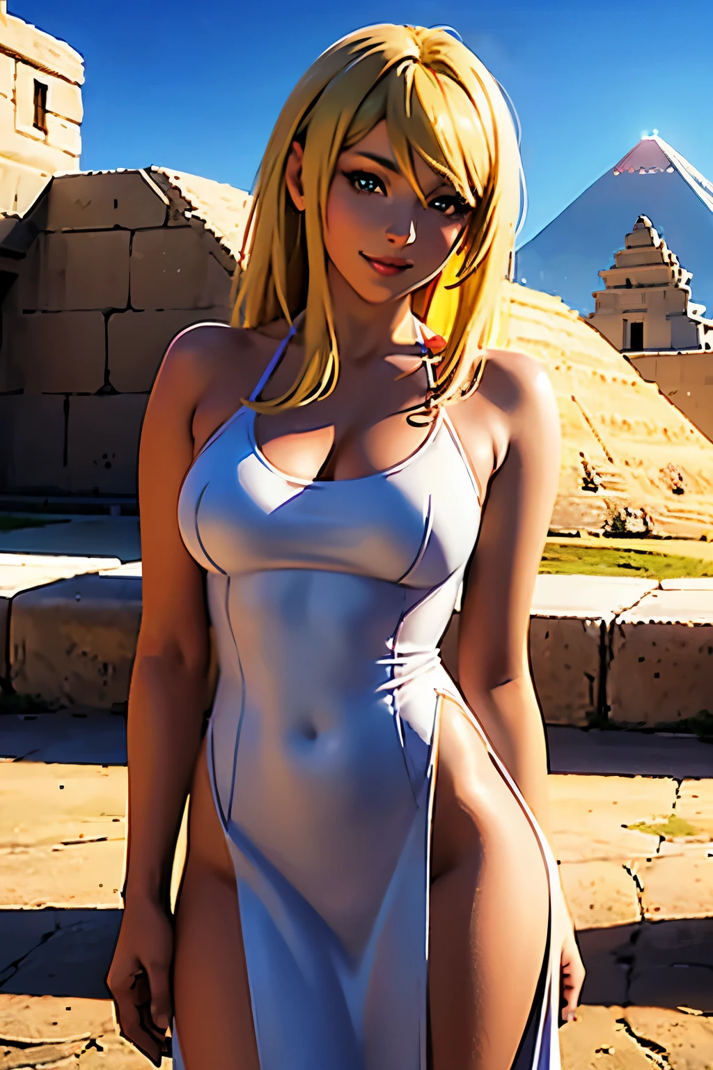 ((Samus aran)) wearing a white mexican indigenous dress, daylight, in front of mesoamerican pyramids, (masterpiece), (best quality: 1.0), beautiful lighting, realistic shadows. [high resolution], charming smile, white skin, delicate skin, anime style,
