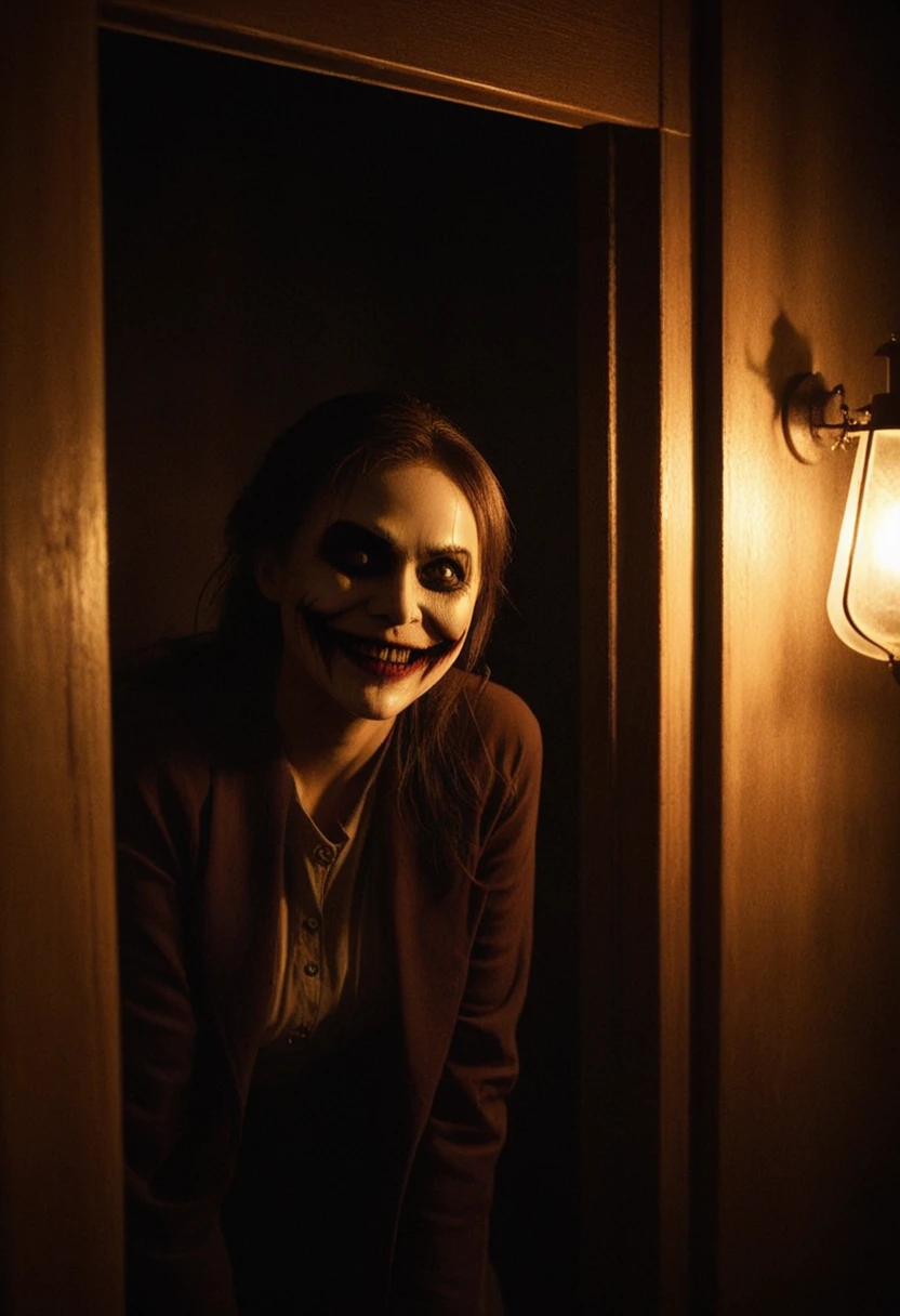 (Best quality, masterpiece: 1.2) exorcyst, Best quality. Night room, dark room, completely darkened room, sepia, grainy, creepy environment. scary smile. A creepy look from the shadows.
