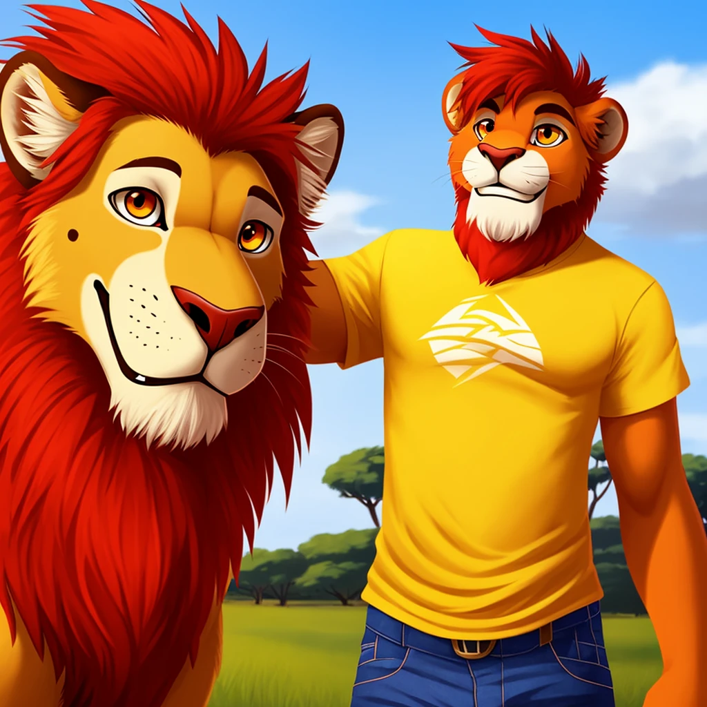 masterpiece, solo, furry red lion, red fur, white facial hair, orange eyes, teen, tight yellow shirt, tight jeans, cheerful smile, handsome, on the savannah