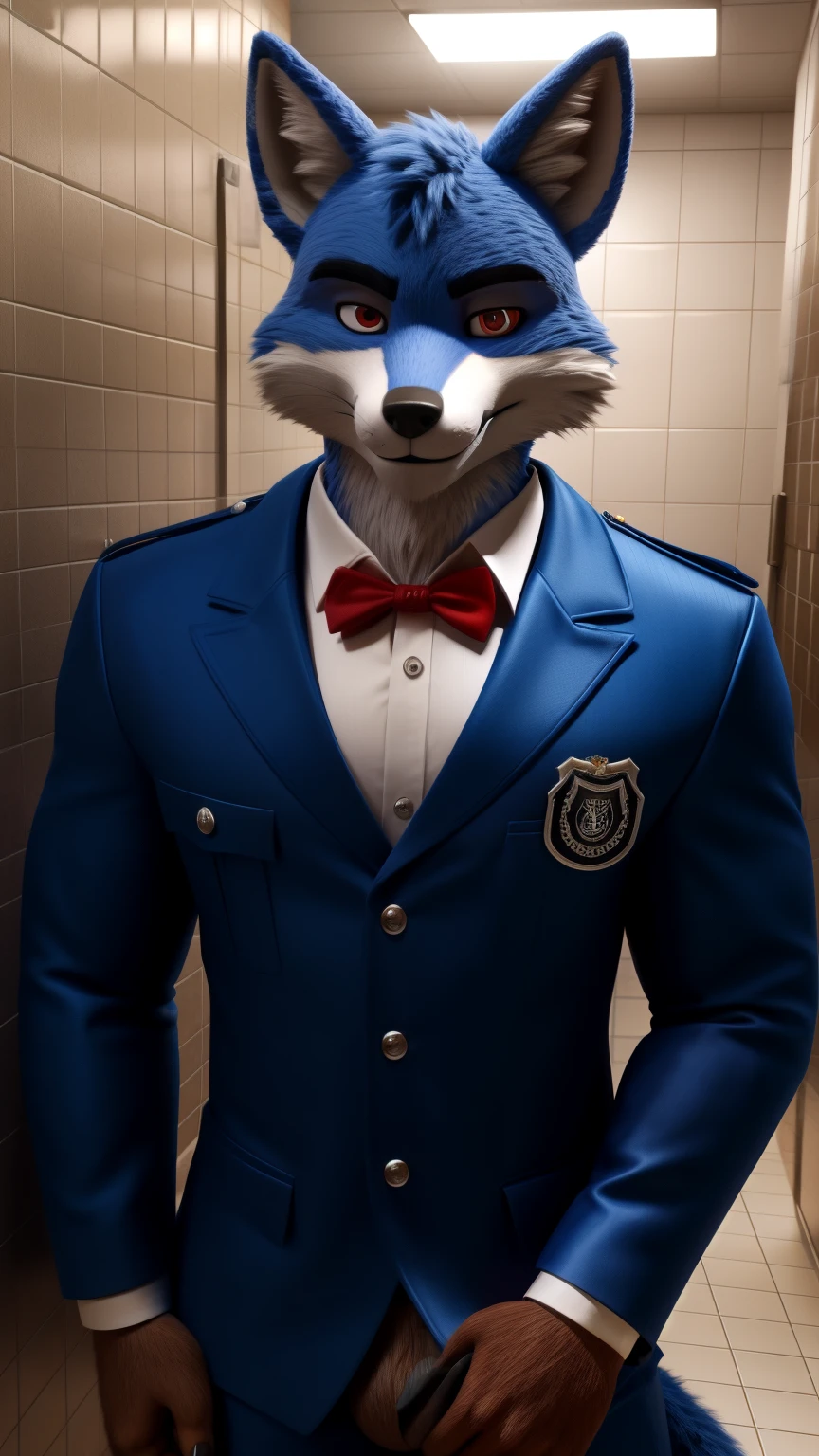 An adult muscular male Fox fursuit alone, a super handsome big daddy with blue fur and red eyes, he's probably in the high school bathroom, looking at the viewer, seductive smile, I think he's about 25 years old, he appears to be an xvideos porn actor, single and wearing a uniform. sexy white school cinematic style 3D Hollywood live action