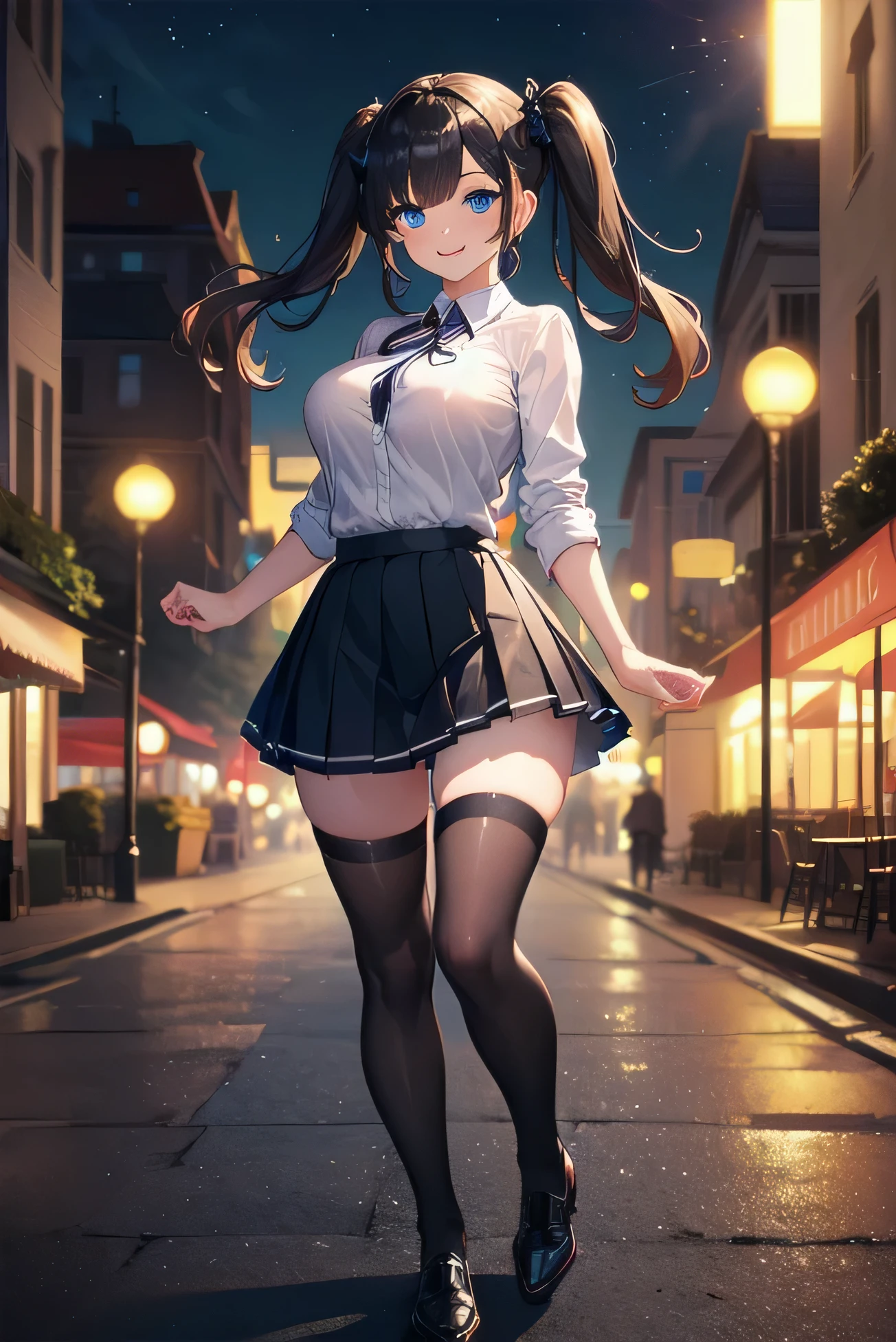 very cute and beautiful girl,,(highly detailed beautiful face and eyes:1.2), (Blue eyes), (black medium hair), ((Bangs)), ((twin pigtails)), ((large breasts)), ((big smile)), ((whole body)), (((pleated mini skirt))), (black stockings)), (best quality masterpiece:1.2),intricate details, solo,8k resolution, (weak lighting), extremely detailed cg, ((night street background))