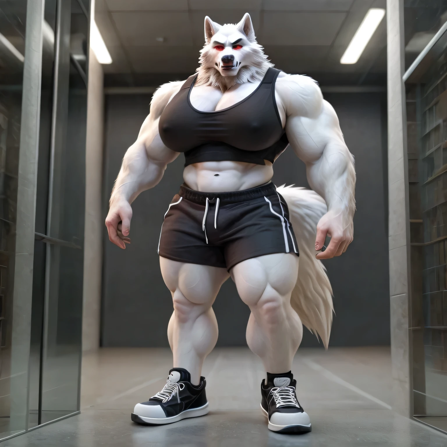 male wolf, white fur, red eyes, 2 meters tall, muscular body, (biggest boobs), biggest thighs, black top bra, black shorts, white sneakers