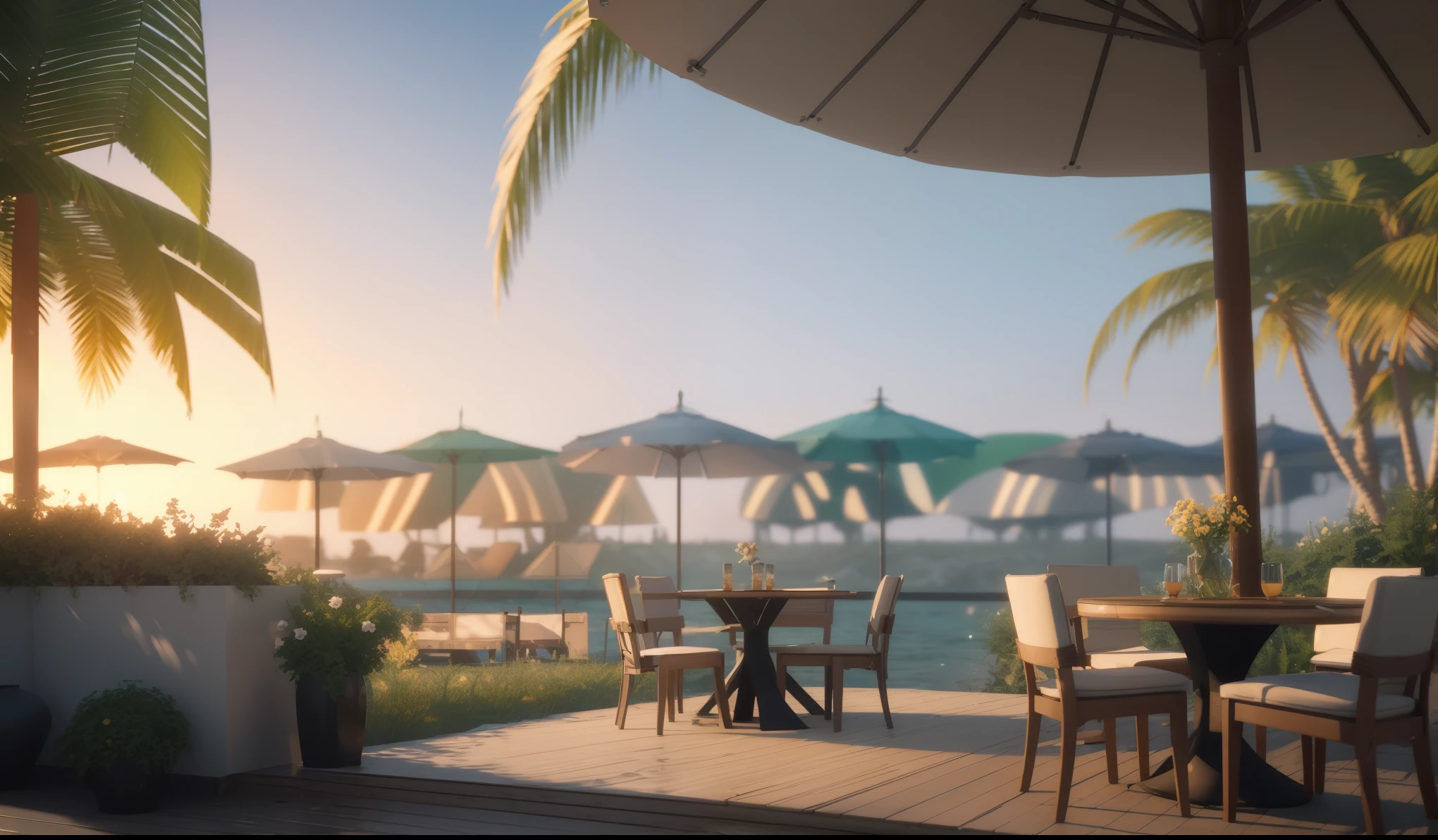 there is a patio with a table and chairs and a dog on the beach, unreal engine ; romantic theme, summer unreal engine 5, highly detailed scene, relaxing environment, relaxing atmosphere, detailed scene, rendered in unreal engine 4 k hq, rendered in unreal engine 4k hq, rendered in unreal engine 5, unreal engine highly rendered, realistic scene