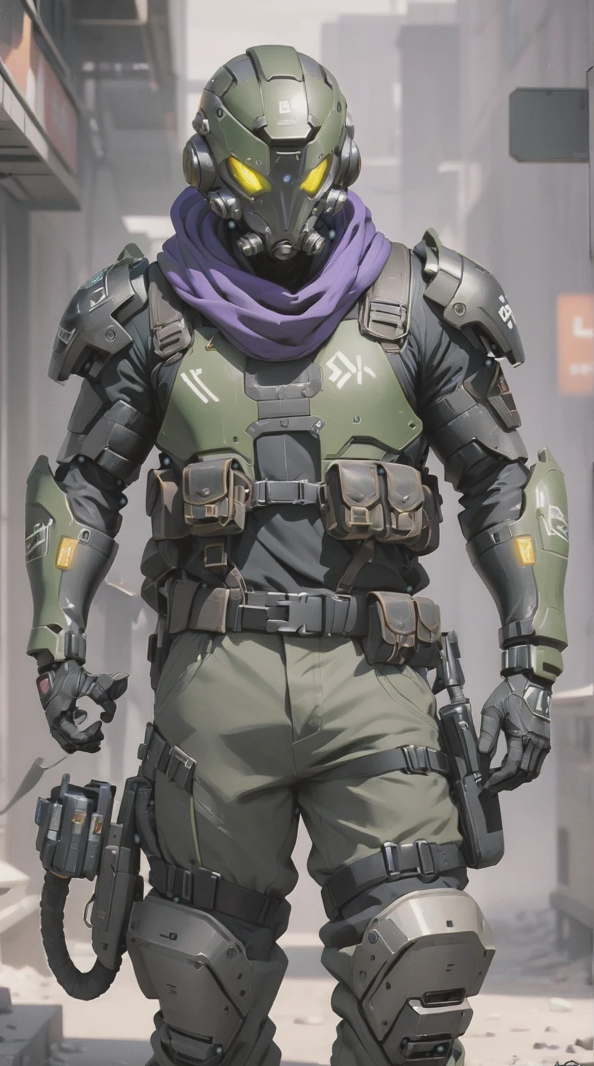male soldier, snake style, sci-fi olive green helmet with purple visor, black scarf. black baggy pants. olive green shirt, tactical vest and shoulder pads. post acpoalyptic male survivor, soldier, the Enclave fallout, power armor x-01, fallout powerarmor, sci-fi, long sleeves, fully covered, Male, Man, hombre, masculine, masculine