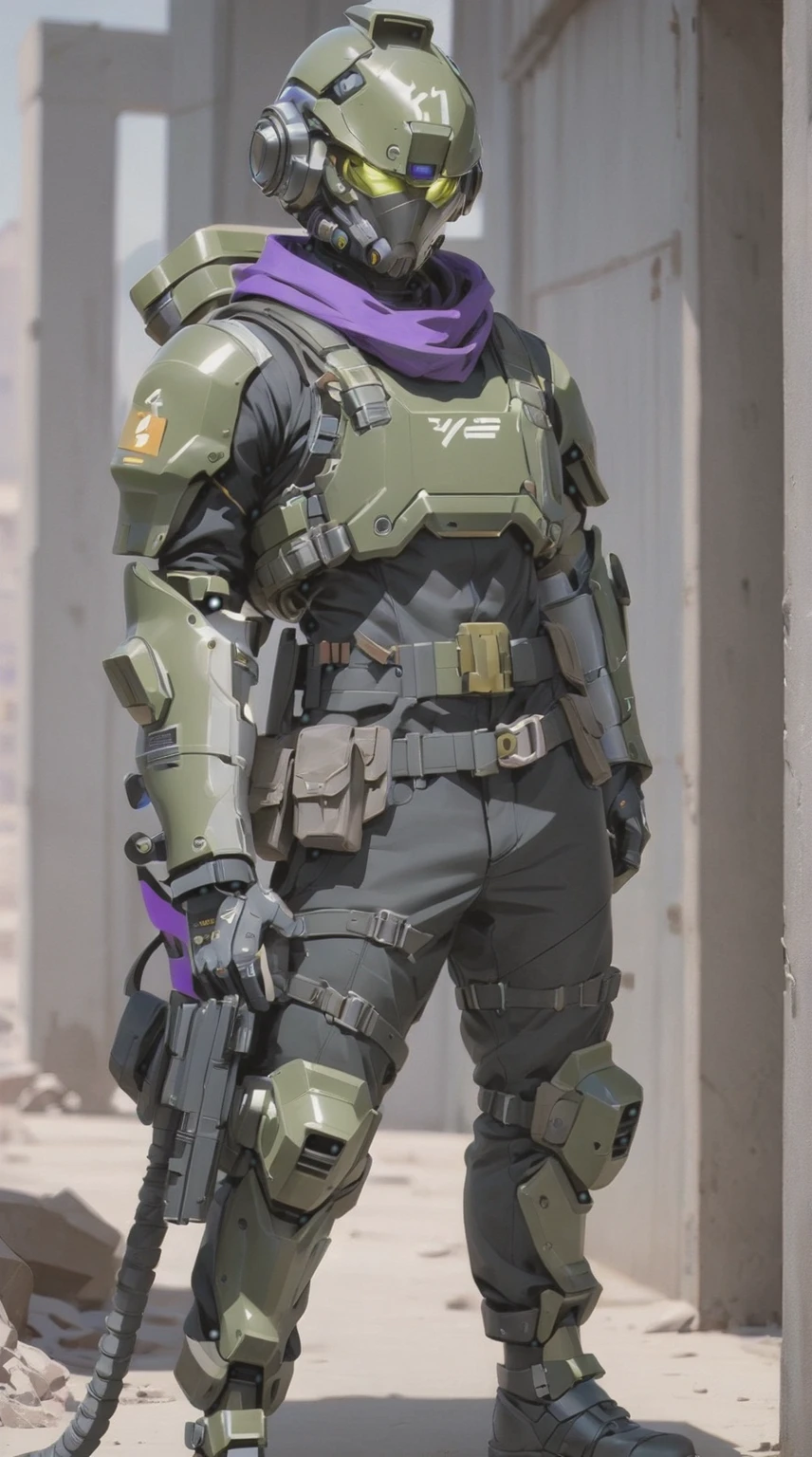 male soldier, snake style, sci-fi olive green helmet with purple visor, black scarf. black baggy pants. olive green shirt, tactical vest and shoulder pads. post acpoalyptic male survivor, soldier, the Enclave fallout, power armor x-01, fallout powerarmor, sci-fi, long sleeves, fully covered, Male, Man, hombre, masculine, masculine