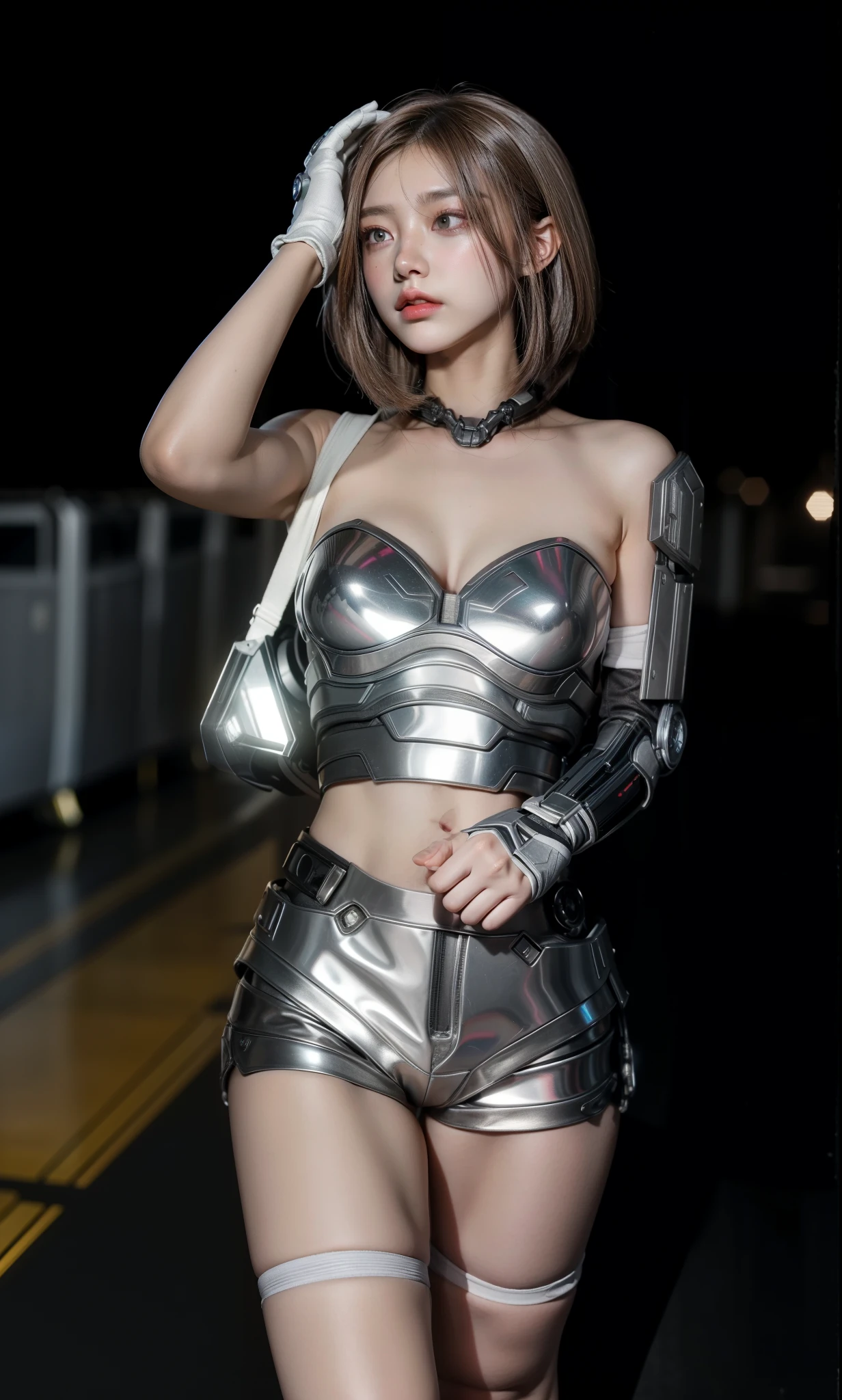 Futuristic high-tech style,best quality,Fairy Skin,(every time :1.2),eternal,Ultra Detailed,Practical,high quality,film lighting,Ray Tracing,Ultra HD,Upper part of the body, Future Iron Man Mech,Filming,Battery,Transmitter,Large caliber artillery,Roseland 8k,Mech Cyber Armored Vehicle Girl,Wearing a cyberpunk technology helmet,Warframe Helmet,There is a breathing light on the body,The armor of the future shines,Armed Cannon,High-tech armor,High-tech face shields,Wear a mechanical mask,Black gloves,Five fingers stretched out
