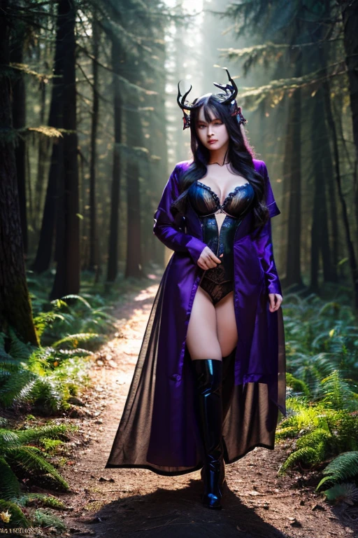 best quality, extremely beautiful, beautiful face, dark elf woman, shiny skin, wavy purple air, in a dark forest, wearing a large open coat, no pants, no bra, nsfw