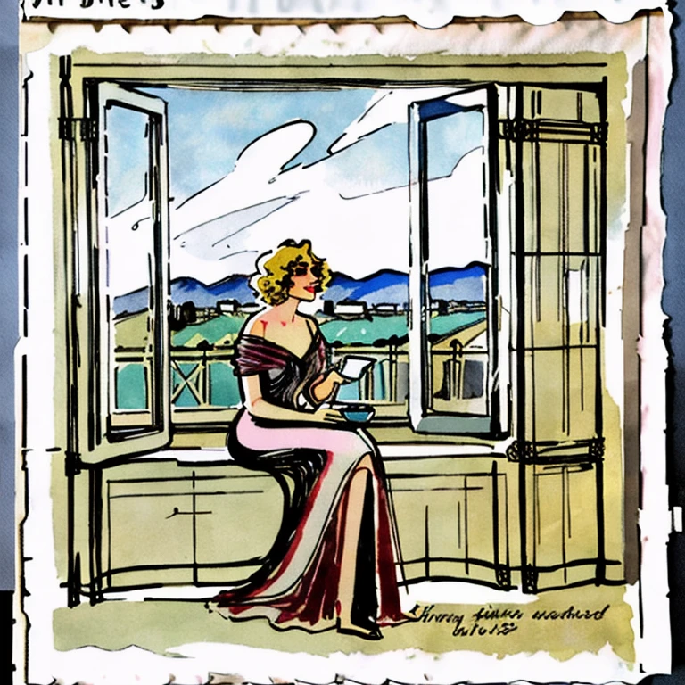 pen_sketch_style, Sketch painting, curvy surrealist lines, curvy feminine qketch lines, doodle painting, manual sketch painting, art deco design, flat sketch art, 1920 style, poster style, building vew,  1920 poster style, art deco style, 1920 French graphic poster style, curvy lines, Persian window. Skinny tall french stressed young long haired  woman seated  studying in the kitchen, a pretty short-hair curly hair  young woman with mugcups drinking tea in the kitchen window. , red and blue , gouache and watercolor texture, gouache texture, acrylic texture painting, watercolor, 