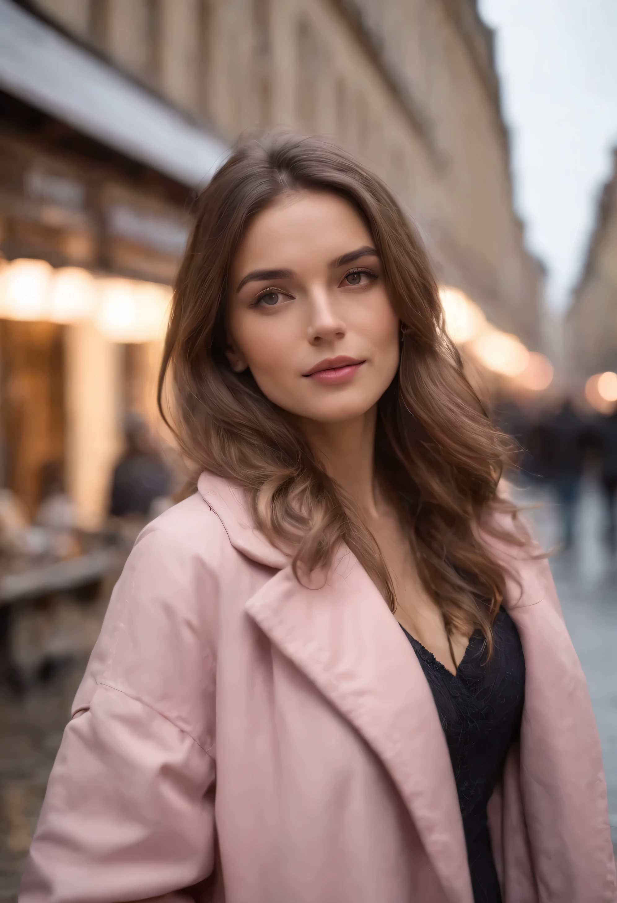 ( fotografia de alta qualidade) Italian women, dark blonde hair styles, long hair, flowing  pink oversize jacket, cabelos pretos, Outdoor London streets , raining day, street photography, Noite, lamps, desfoque de profundidade, Bokeh, 300 dpi, Atmosfera encantadora, fotografia, 8k, dynamic action,
