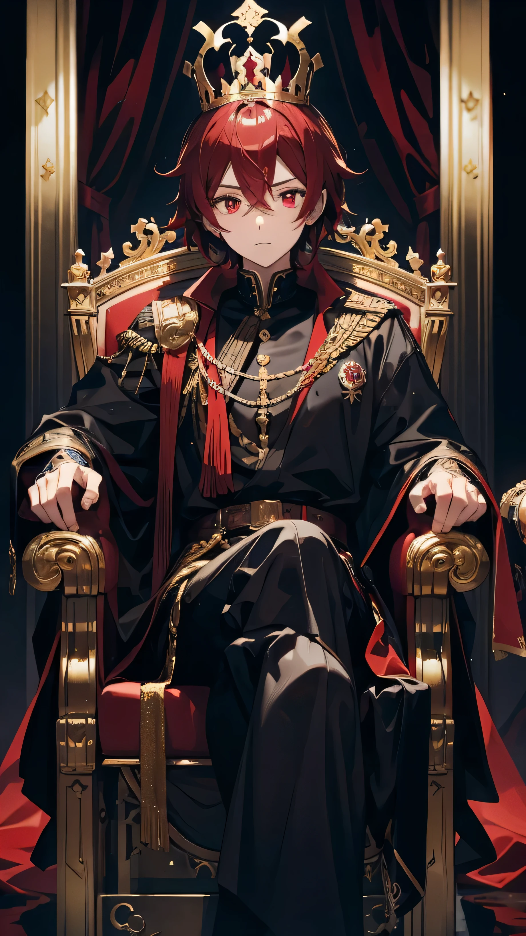 male character , red eyes , gold and black crown, sitting on a throne , black clothes , heads up