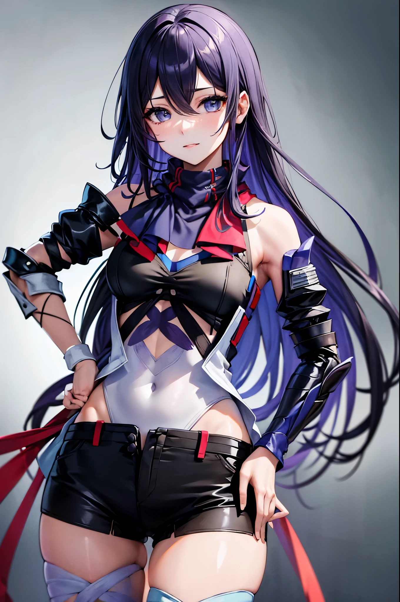 (masterpiece, best quality:1.2), expressive eyes, perfect face, highres, 1girl, solo, jeloseele, purple scarf, highleg leotard, detached sleeves, black gloves, short shorts, slight smile, standing, cowboy shot, looking at the viewer