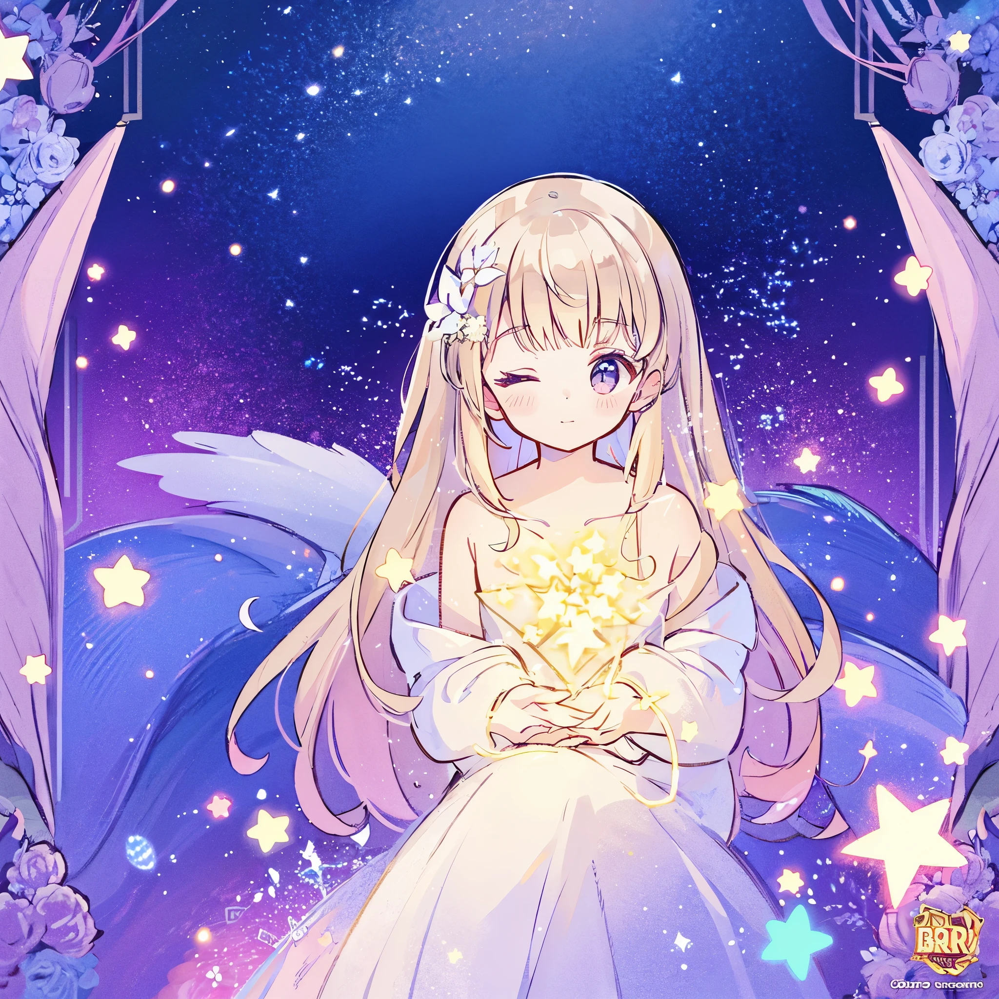 complex background, wishing star background, a woman wearing an ethereal mystical pink translucent dress that reflects the stars, eyes closed, perfume promo art, mystic, complex drawing, highly detailed, Covergirl brand, promo art, artistic rendition, ethereal, starry night, midjourney style