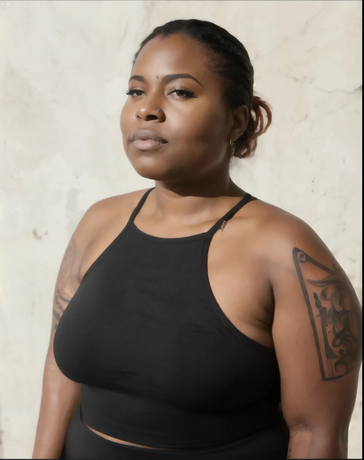 there is a woman with a tattoo on her arm and a black top, 30-year-old woman from cuba, she is wearing a black tank top, malika favre, photo of a black woman, a portrait of a plump woman, tight black tanktop, full face and body portrait, half body portrait of juliana and A man with a beard on face hold this womans chest  