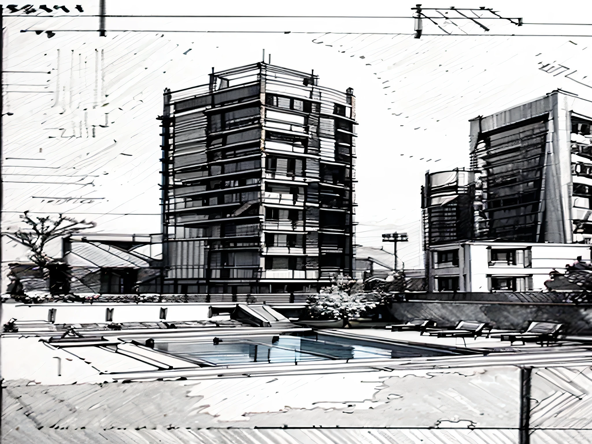 Make an architectural sketch of a tall, modern building. It should look like a hand drawn sketch with a pencil