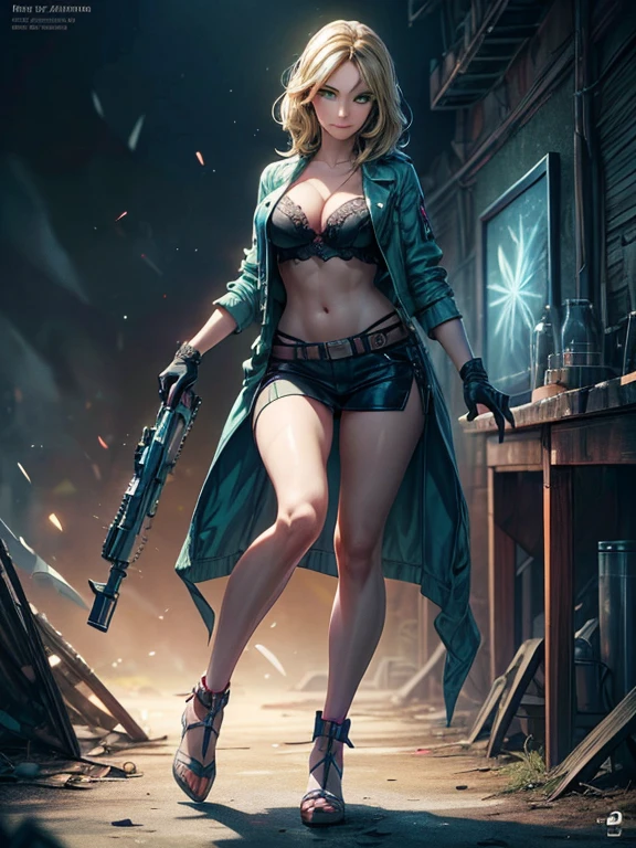 ((wide shot: 1.6)), Unreal Engine: 1.4, CG K ultra-realistic, photorealistic: 1.4, perfectly detailed skin texture: 1.4, ((artwork ****ung woman full body full: 1.5)), ((blonde hair, green eyes, full body lips and a sensual smile:1.5)), punk style hairstyle with shaved side:1.3, tattoos, Gatling gun, box, looking at viewer, pose dynamic and sensual, beating, ammunition belt, gloves, big breasts, shooting, Extremely detailed: 1.4, more detailed, optical mix, fun patterns, animated texture, unique visual effect, pink leather miniskirt:1.3, pink jacket:1.3, masterpiece, in the background an abandoned place with junk, ((colors, cyan, green, pink, brown: 1.2 )), ((8k realistic digital art)), 32k