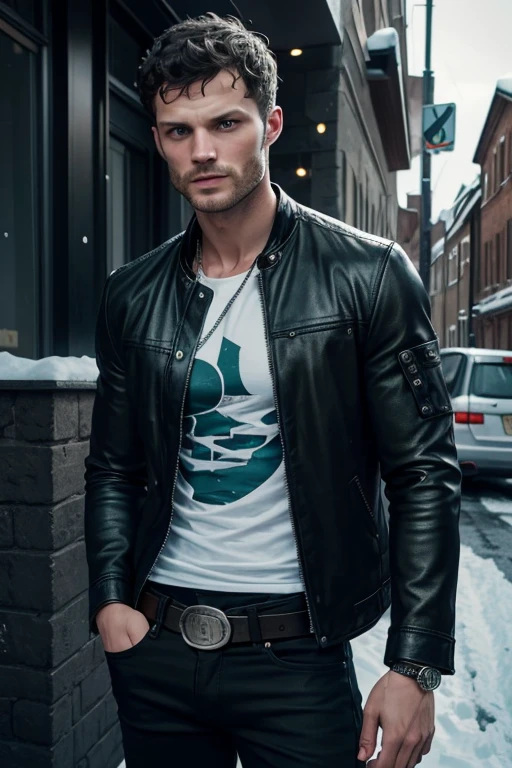 Jamie Dornan 30-year-old boy with open black jacket, blue t-shirt with snow print, short black hair, punk style, yellow locks, black jeans, green eyes, black leather belt, silver buckle, slim muscular build, cross medallion, silver bracelet, looking straight at the viewer, holding a harp