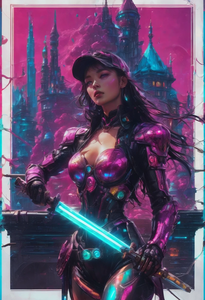 1girl, Swordsman, breathtaking In a robot-run, futuristic steampunk castle, a tech-armored swordsman wields a laser sword. This vibrant, cinematic blend of Renaissance and Cyberpunk styles is rich in color, detail, and sleek shadows. Keywords: cyberpunk, vaporwave, neon, crisp, stunning, magenta . award-winning, professional, highly detailed