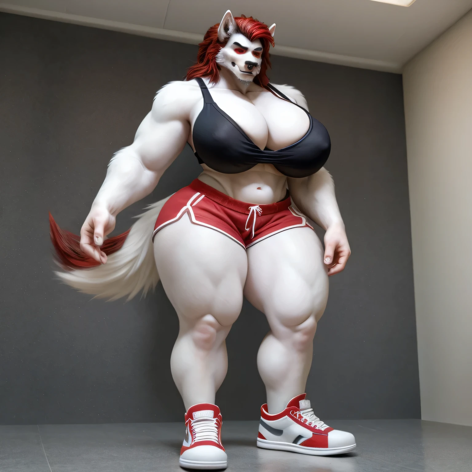 male wolf, black and white fur, red hair, red eyes, 3 meters tall, muscular body, (biggest boobs), biggest thighs, red top bra, red shorts, white sneakers