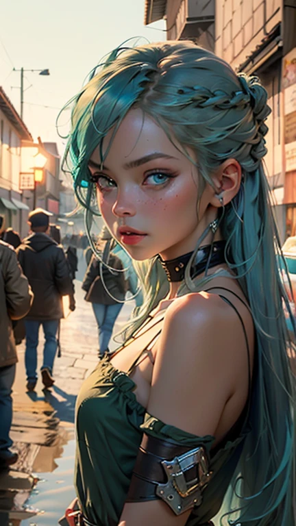 Best Quality, Masterpiece, The ultra-Highres, (realism: 1.4), OriginalPhoto, 1Girl, Green Eyes, off-the-shoulders, Cinematic lighting, Blue hair, At dusk
