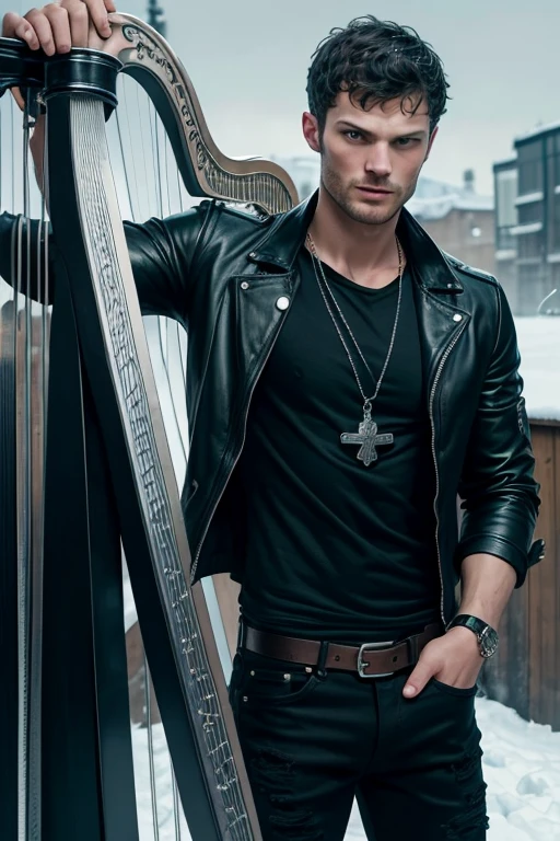 Jamie Dornan  20-year-old boy with open black jacket, blue t-shirt with snow print, short black hair, punk style, yellow locks, black jeans, green eyes, black leather belt, silver buckle, slim muscular build, cross medallion, silver bracelet, looking straight at the viewer, holding a harp