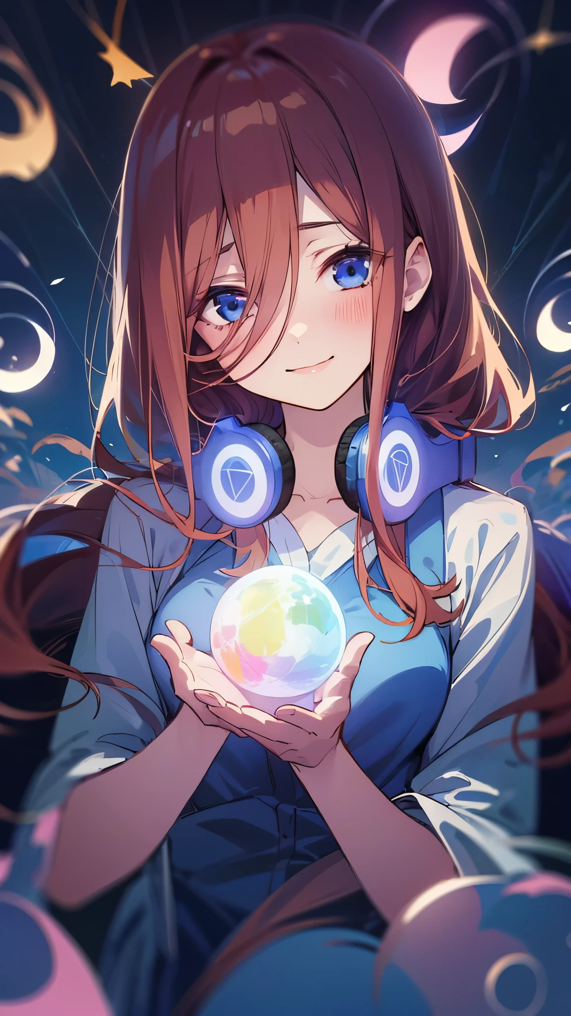 1 girl, solo, masterpiece, best quality, illustration, pretty ethereal lighr, miku nakano, holding a light glowing sphere, long fluuffy pink brown hair,  blue headphones around neck , Good shapes, perfect lines, perfect lineart, professional, good, cute, tender expression, lovely, , smile, sweet eyes,