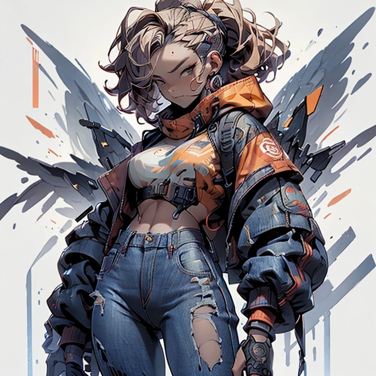 a woman with a gun in her hand, chiseled abs, in clothes! highly detailed, trending on pintrest, red hoods, sangsoo jeong, musclebound and hulking, wavy blond hair, muscular character, ( ( ( wearing jeans ) ) ), muscular characters, very tight small push up bra, high resolution print :1 red, q