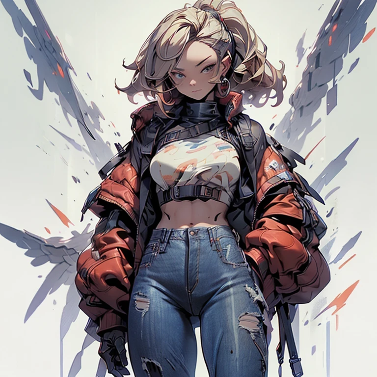 a woman with a gun in her hand, chiseled abs, in clothes! highly detailed, trending on pintrest, red hoods, sangsoo jeong, musclebound and hulking, wavy blond hair, muscular character, ( ( ( wearing jeans ) ) ), muscular characters, very tight small push up bra, high resolution print :1 red, q