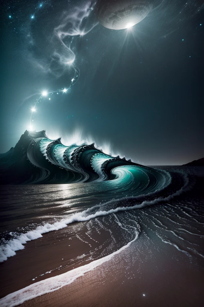 "(best quality,4k,highres),
A lovely woman,awakened rudely [on the beach],
A UFO hovers nearby, tentacles extend from it,
drawing the woman into its [otherworldly lights],
night time beach,
(ocean) waves crashing loudly, gentle breeze,
reflections on wet sand,
(strong contrast) between darkness and UFO lights,
(long exposure) streaks of light in the night sky,
(moody) atmosphere,
(vibrant colors) with a touch of (cool tones),
(dramatic) shadows and highlights,
(wild, untamed) nature surrounding the beach,
(surreal) and (dreamlike) landscape."
