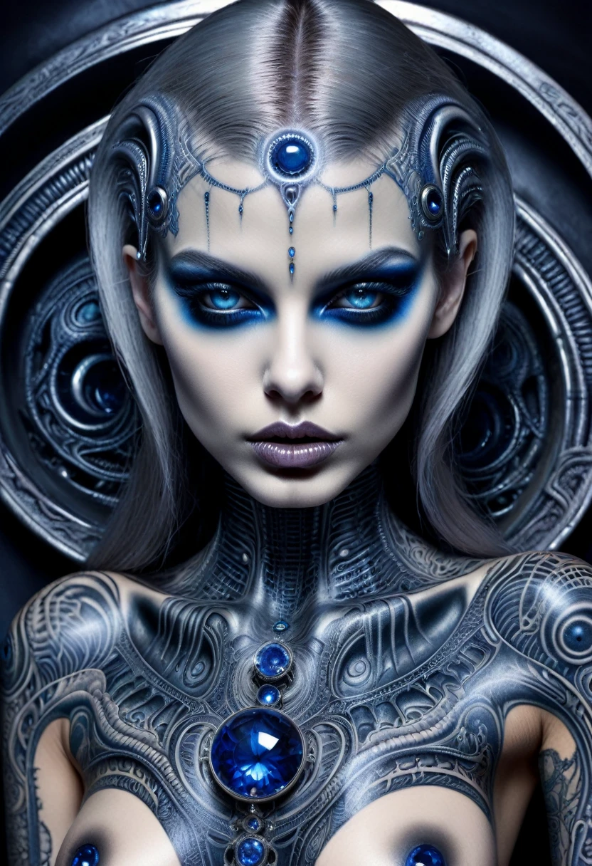 Hr giger tattooed sexy seductive dead girl,perfect face, hyper detailed sapphire eyes, full body view,