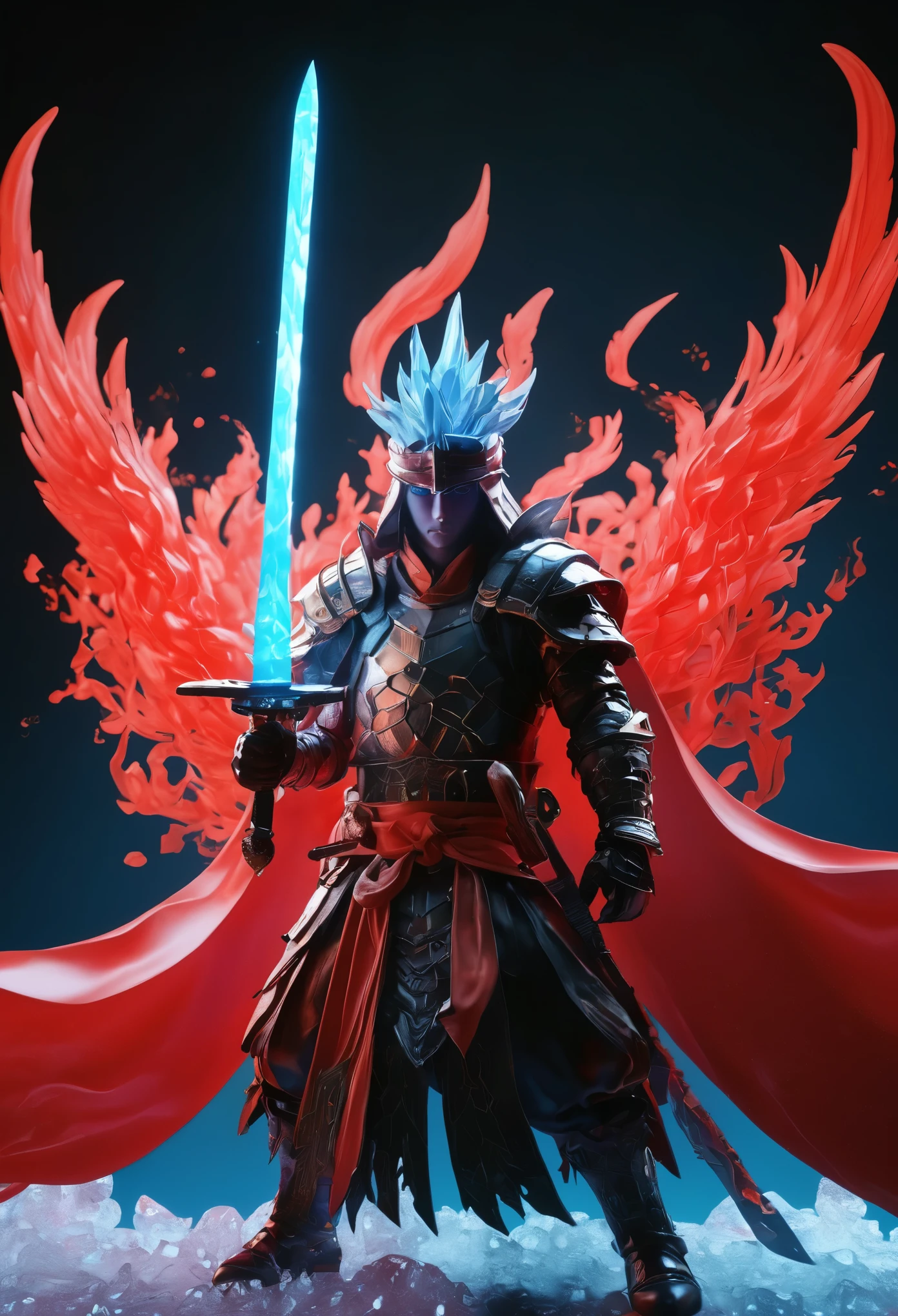 Ghost Swordsman,Dream colors,Best quality,UHD,HDR,high resolution,unreal engine 5,ultra-detailed,hyper realistic,depth of field,symmetrical composition,full body,low saturation,3D rendering,red and black tone,Skottie Young,Blacklight,Ice kingdom