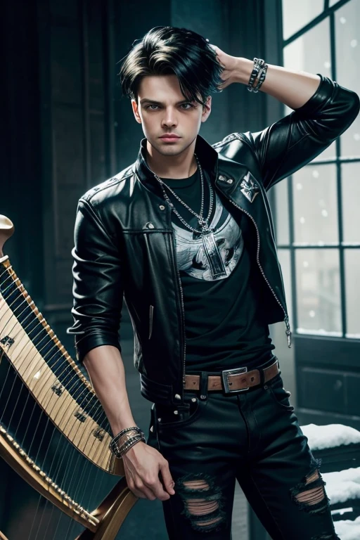 Sebastian Stan   20-year-old boy with open black jacket, blue t-shirt with snow print, short black hair, punk style, yellow locks, black jeans, green eyes, black leather belt, silver buckle, slim muscular build, cross medallion, silver bracelet, looking straight at the viewer, holding a harp