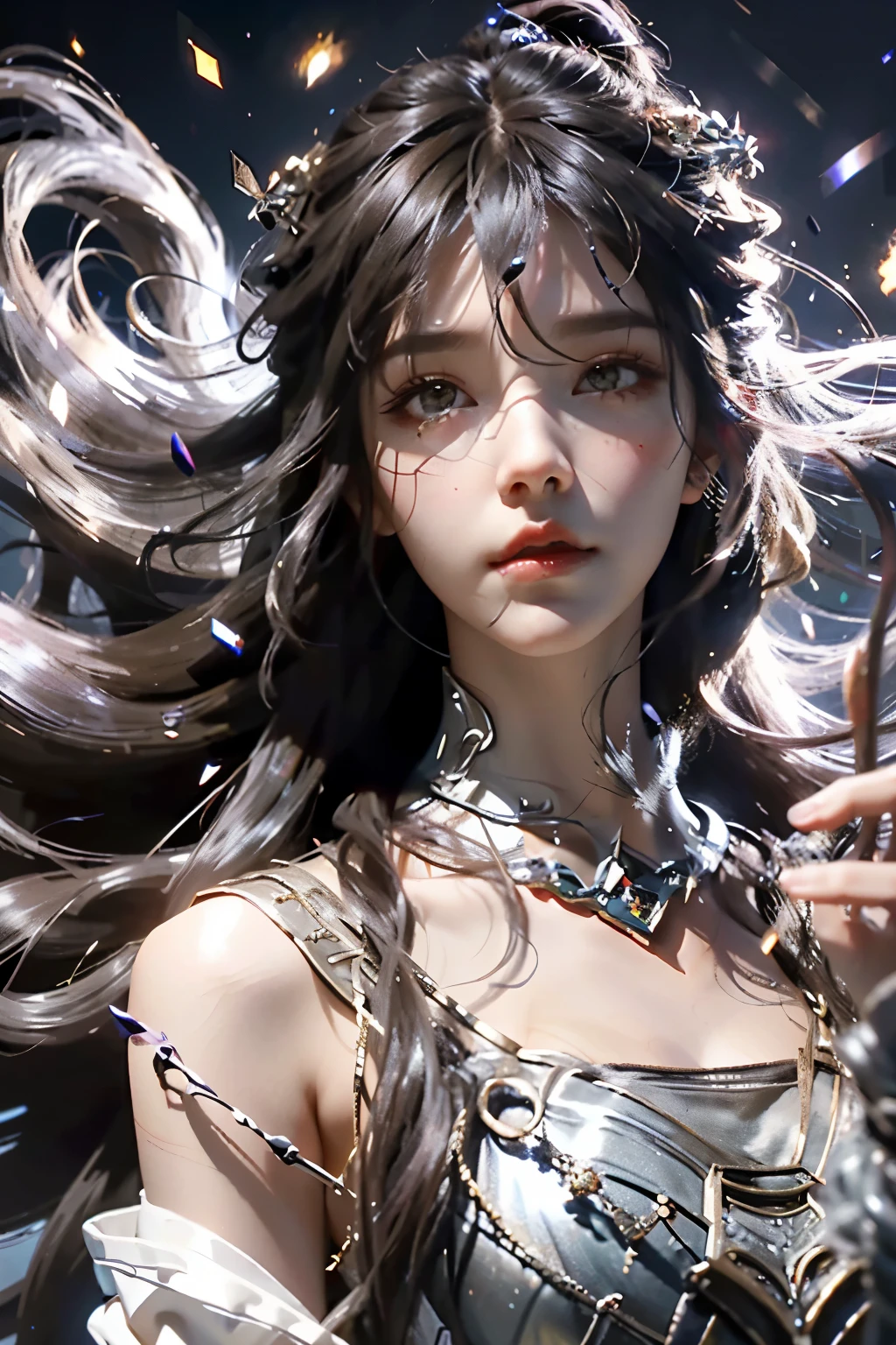(absurdres, highres, ultra detailed), 1woman, mature female, aged up, wavy long hair, white hair, black eyes, bangs, long sleeves, finely detailed eyes and detailed face, extremely detailed CG unity 8k wallpaper, intricate details,  looking down, solo, half shot, detailed face, stoic expression, dynamic pose, flowing hair, classical era, (ancient roman theme:1.1), roman mythology,  Roman empire,  Capua, ancient vineyard, oracle,  cape,  iron accessories, ancient theme, (flourishing civilization:1.1), pristine white marble, (intact:1.1) marble buildings,  hills in background, brazier, burning embers, night, darkness, stars, aura of light, majestic atmosphere, floating stone particles,, portrait, wind swirling, (((floating hair)))