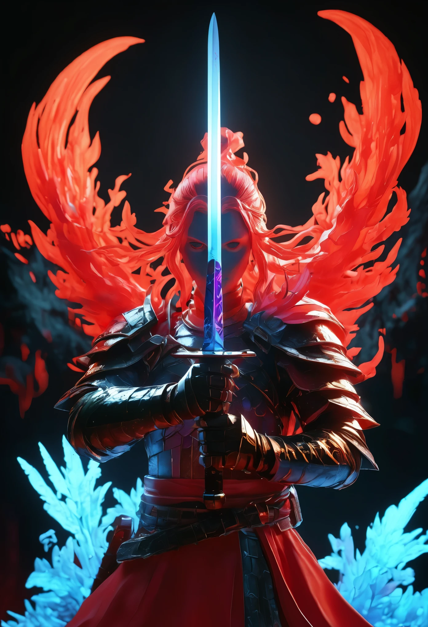 Ghost Swordsman,Dream colors,Best quality,UHD,HDR,high resolution,unreal engine 5,ultra-detailed,hyper realistic,depth of field,symmetrical composition,full body,low saturation,3D rendering,red and black tone,Skottie Young,Blacklight,Ice kingdom