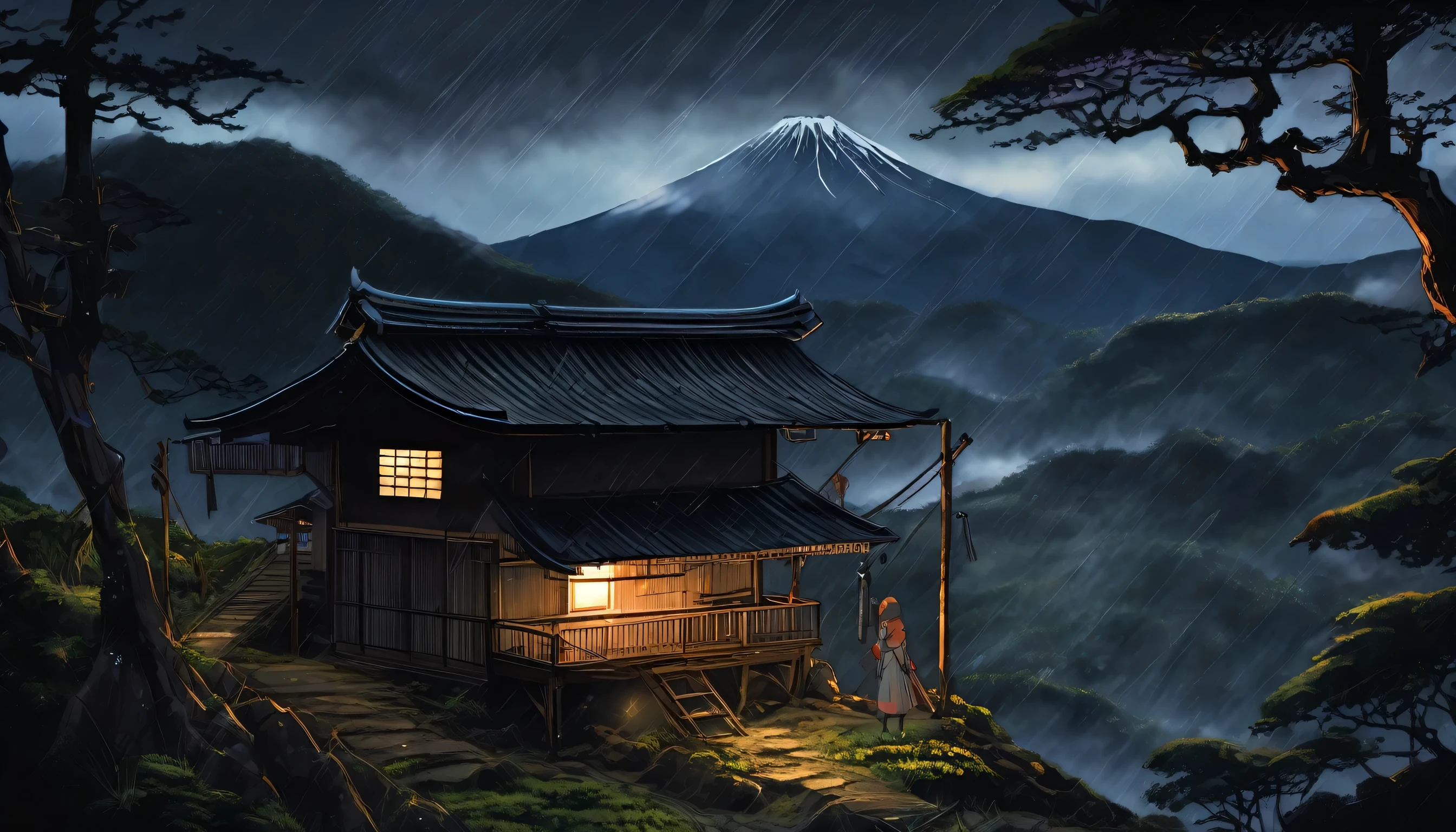 (hopeless art), view from mountain, lone japan medieval hut, wet japan forest, hopeless landscape, far volcano, lone mechanized medieval girl, gloomy sky, dark night, rain, (dark lighting), many shadows, cold lights, highly detailed, extremely detailed, masterpiece