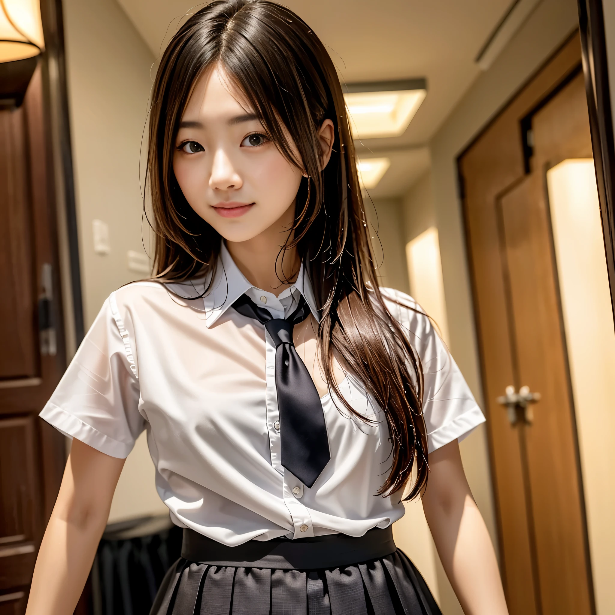 masterpiece, highest quality, 8k, 85mm Portrait, Absurd, beautiful girl, (night, Upper Body:1.5), cute, street, (school uniform, White shirt, Short sleeve, dark brown gray pleated skirt, dark gray tie:1.2), Long Hair, thin, neon, (Lianyungang City, He appreciates it, Yeongkwan:0.4), No makeup, (Dark red tie:1.2), perspective, Depth of written boundary, Ultra-realistic, High resolution, photograph, Sharp focus, High resolution, Face Light, Dynamic Lighting, Most detailed, Very detailed, Super detailed, In detail, Real Skin, Delicate facial features, Japanese women, smile, nice, clear, -yeld gi
