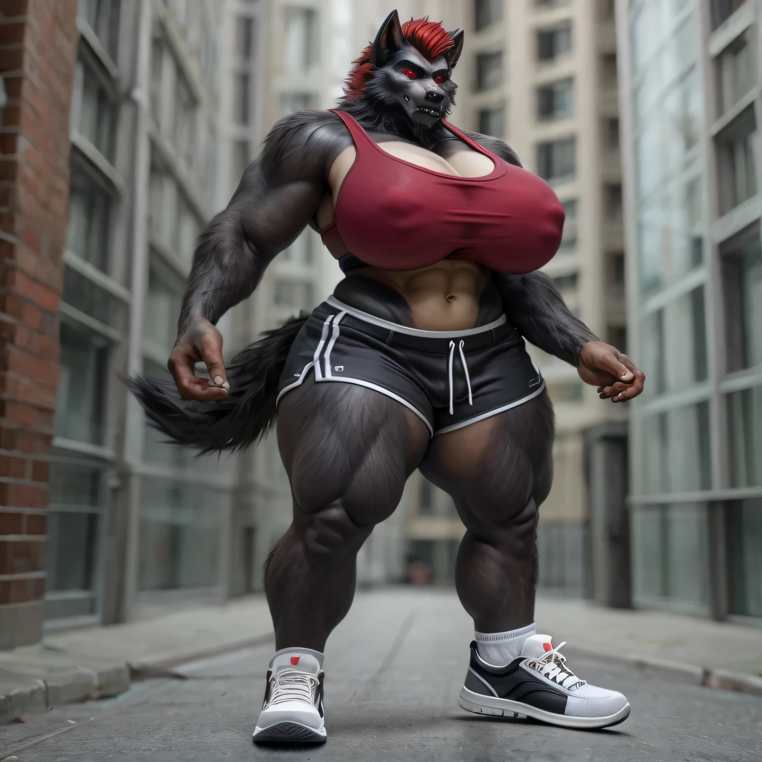 male wolf, black fur, red hair, red eyes, 3 meters tall, muscular body, (biggest boobs), biggest thighs, red top bra, black shorts, white sneakers