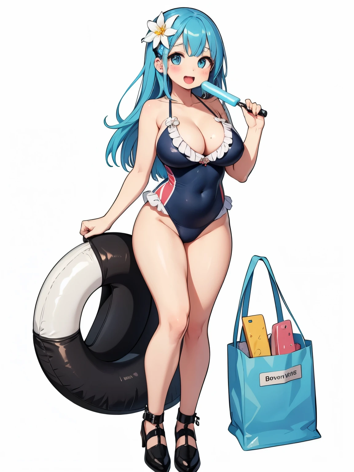 1girl,bag,bandaid,bandaid on knee,bandaid on leg,black footwear,blonde hair,blue hair,breasts,cleavage,collarbone,colored inner hair,covered navel,flower,food,freckles,frilled one-piece swimsuit,frills,full body,hair flower,hair ornament,hairclip,holding,holding bag,holding food,holding popsicle,innertube,large breasts,long hair,looking at viewer,mole,mole on breast,multicolored hair,one-piece swimsuit,open mouth,plastic bag,plump,popsicle,sidelocks,simple background,smile,solo,standing,swim ring,swimsuit,two-tone hair,white background,white flower,white one-piece swimsuit,wide hips