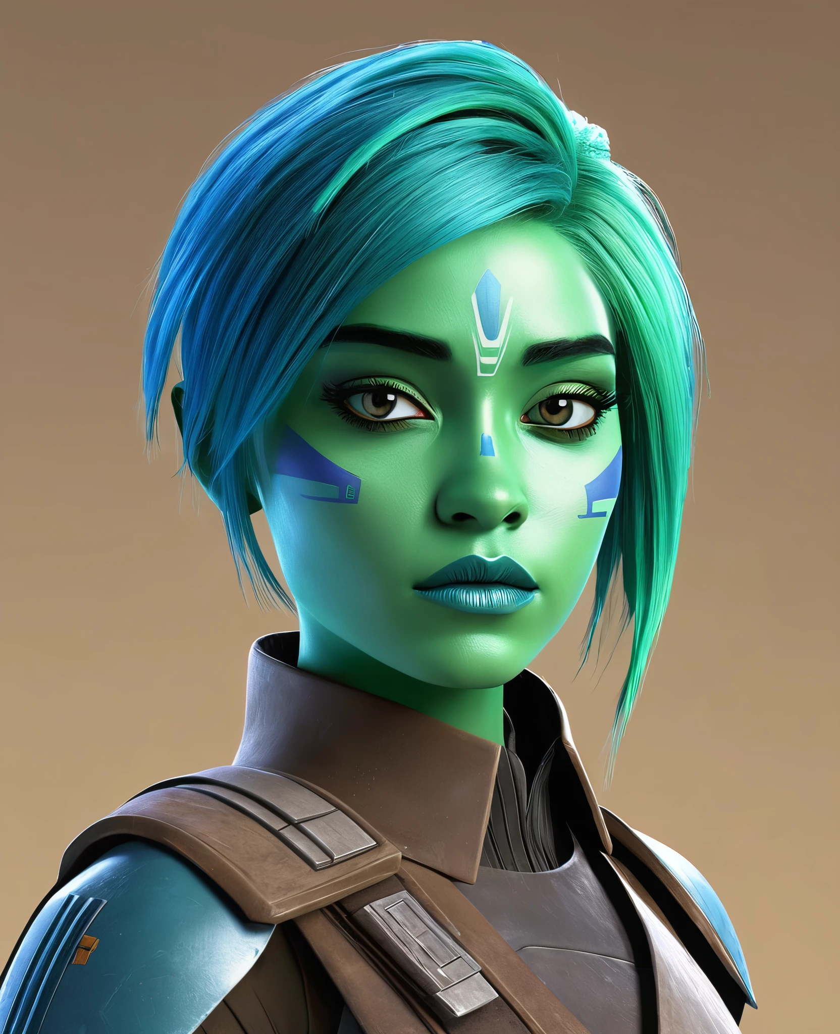 An androgynous Young looking Star War character with blue-green skin and hair. Stylized like in the 3D animation serie "the clones wars"