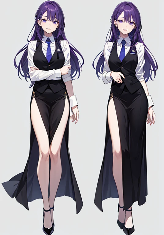 ((Perfect Face)),Purple Hair,voluminous long hair,1 female,bartender,,Black vest,I rolled up my sleeves.Yshirt,tie,slit,High heels,,((Simple Background)),smile,((whole body)),((whole body)),Portraiture,virtual,upright,,Both arms are down,Standing upright with face and body facing forward,