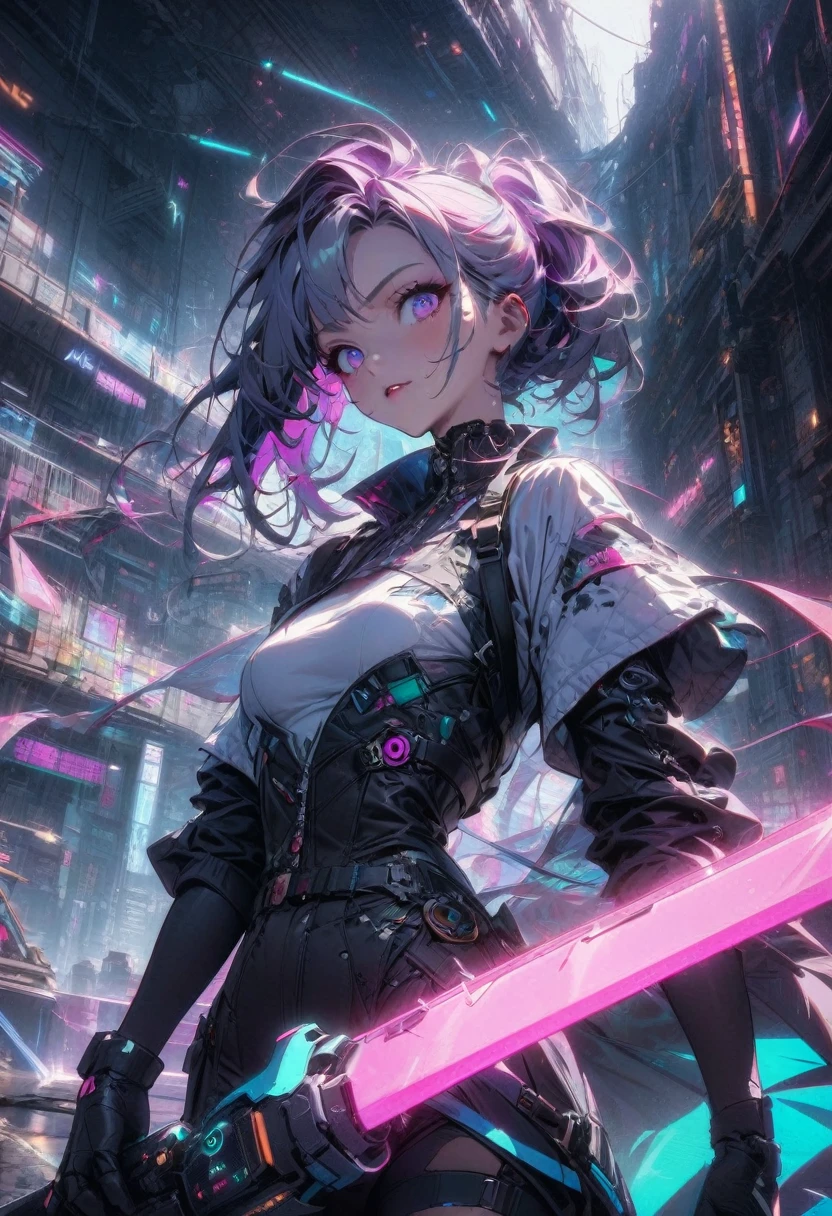 1girl, Swordsman, breathtaking In a robot-run, futuristic steampunk castle, a tech-armored swordsman wields a laser sword. This vibrant, cinematic blend of Renaissance and Cyberpunk styles is rich in color, detail, and sleek shadows. Keywords: cyberpunk, vaporwave, neon, crisp, stunning, magenta . award-winning, professional, highly detailed